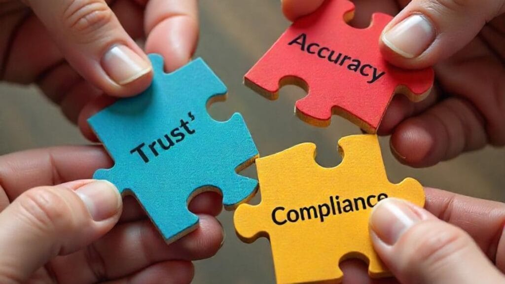 Three puzzle show accuracy, trust and compliance to build a perfect payroll. 5 Reasons Payroll Accuracy Is More Important Than You Think